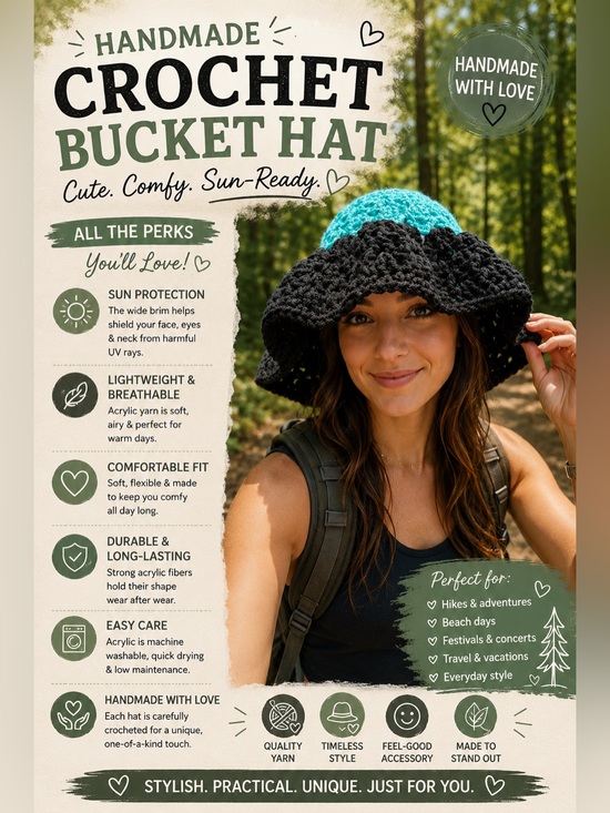 Hand Crafted Accessories - Handmade Crochet Bucket Hat | Black & Turquoise | Boho Summer Sun Hat